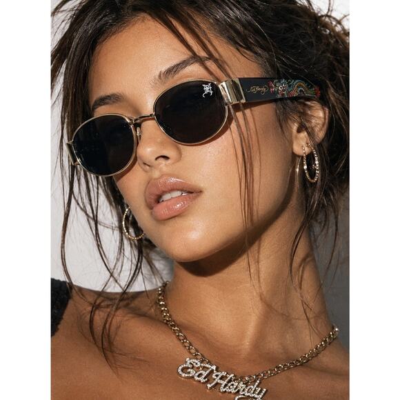 Ed Hardy Dragon Sunglasses Y2K Oval Tortoise Shades Black Gold Streetwear NWT main image 4